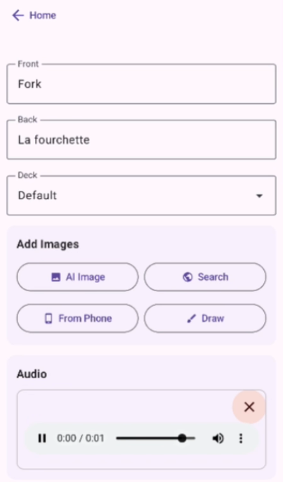 Flashcard with audio controls