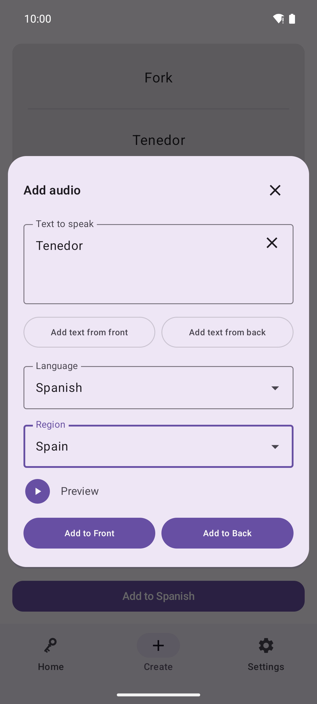 Android pronunciation audio preview for a Spanish flashcard
