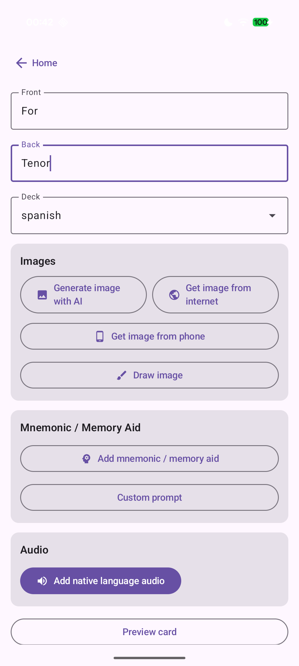 Card composer with image, mnemonic, and audio options