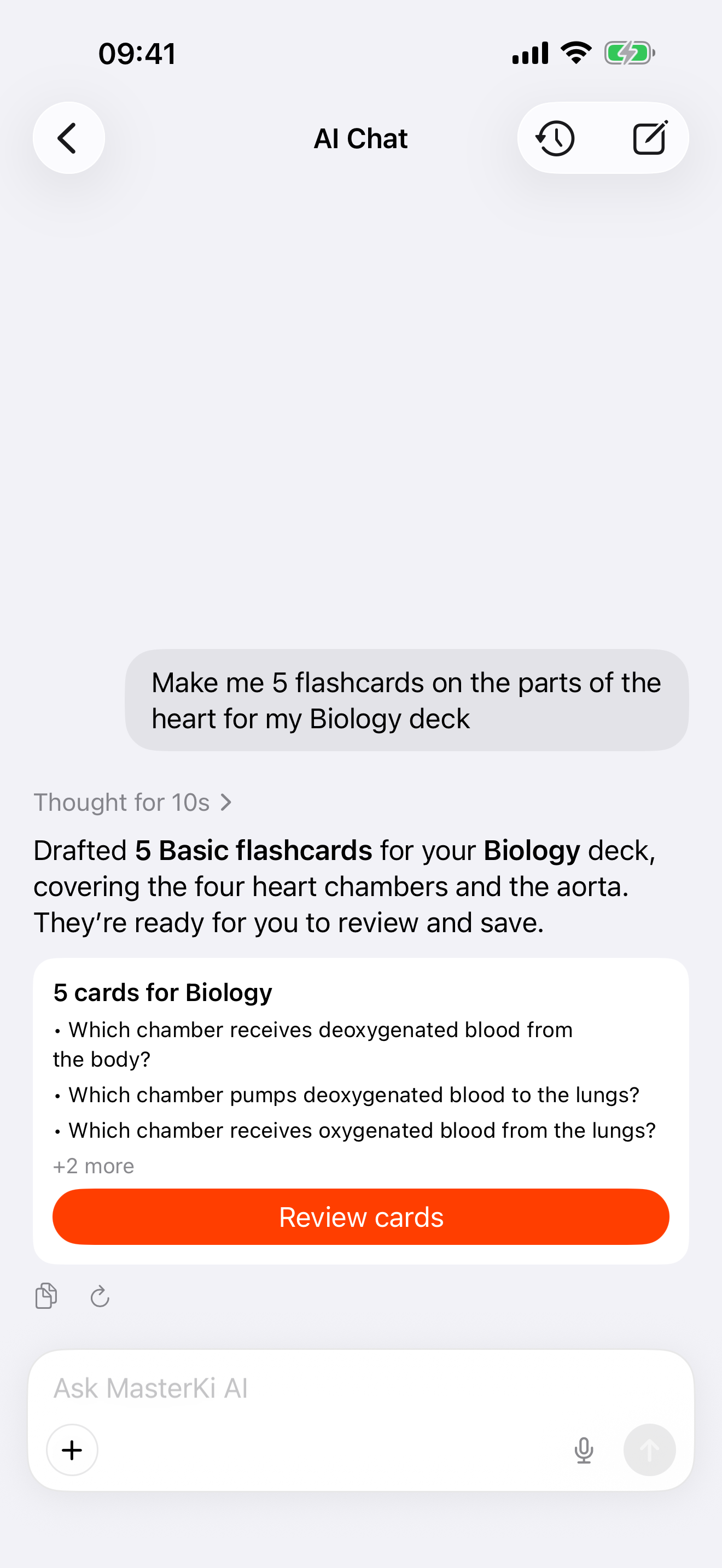 iPhone AI Chat drafting editable flashcards