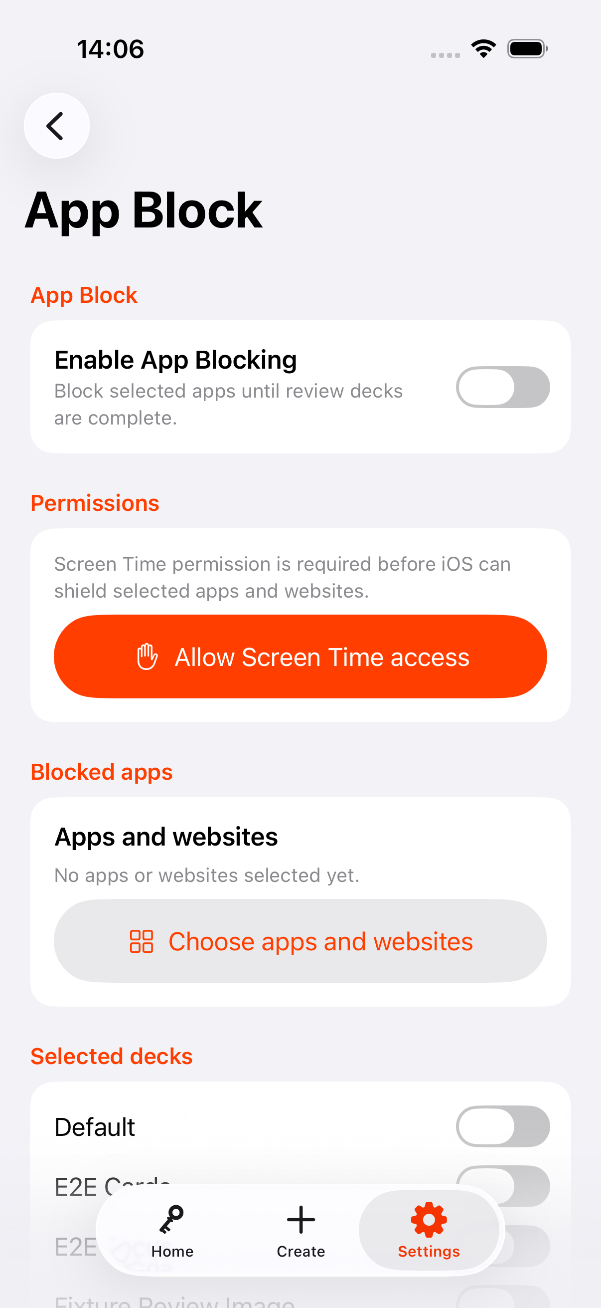 iPhone App Block settings showing Screen Time permission and blocked-app controls