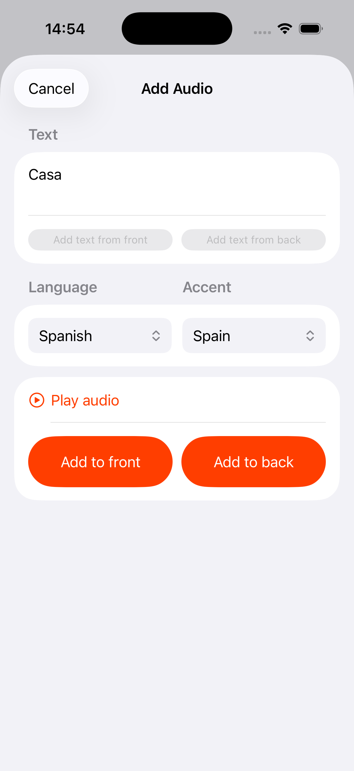 MasterKi AI audio controls with Spanish language and Spain accent selected on iPhone