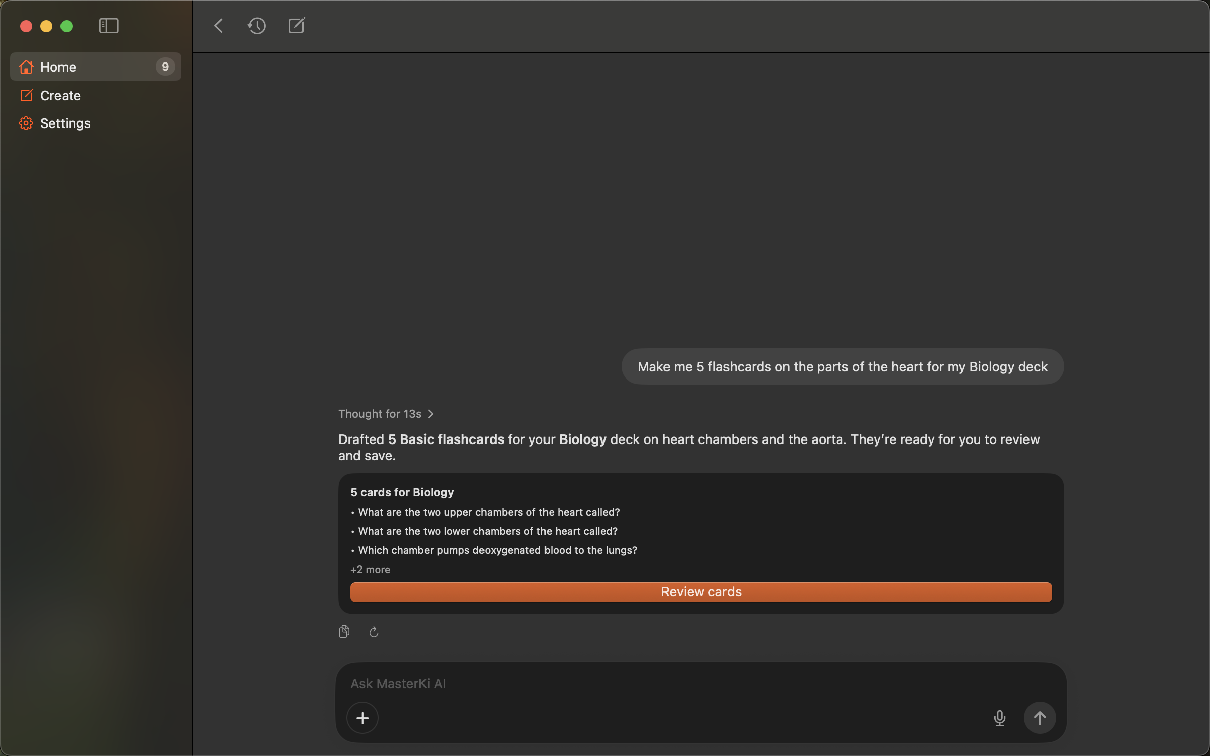 MasterKi AI Chat on Mac drafting five biology flashcards