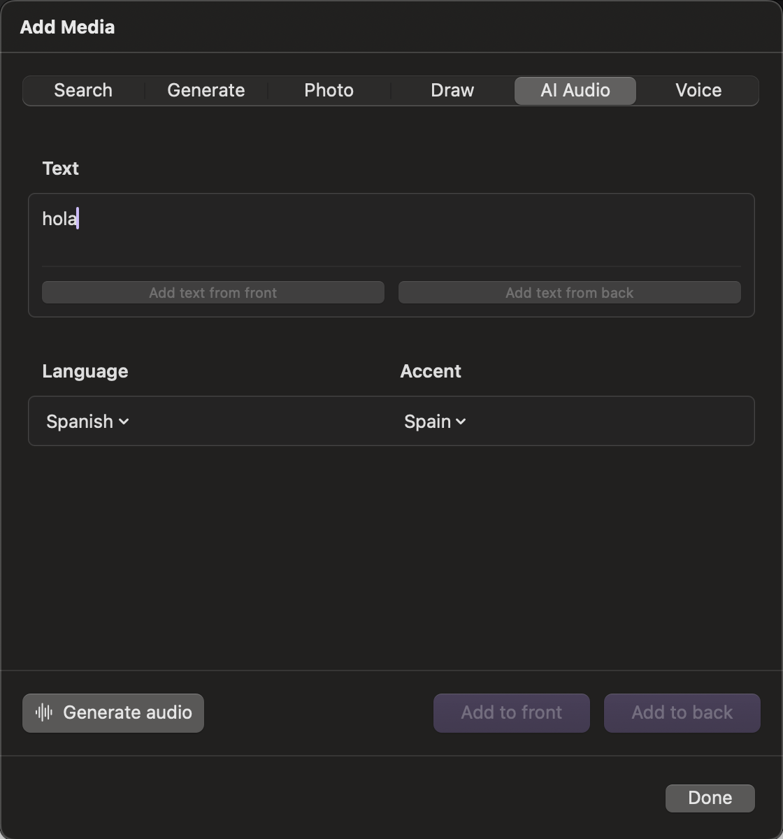 MasterKi AI audio controls preparing Spanish pronunciation for hola on Mac