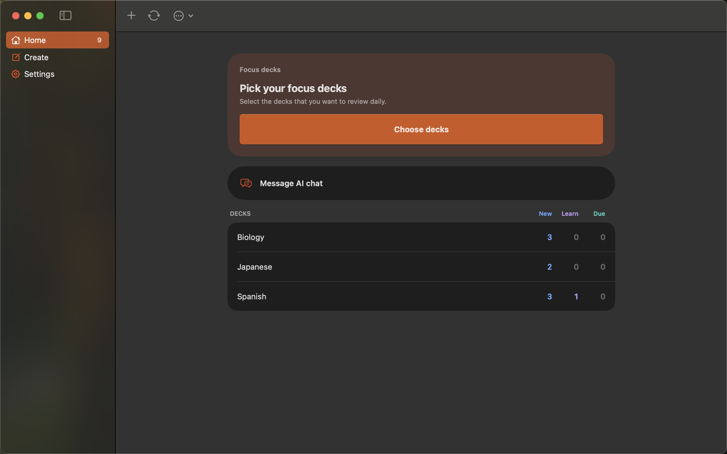 MasterKi for Mac showing focus decks, AI Chat, and a deck list