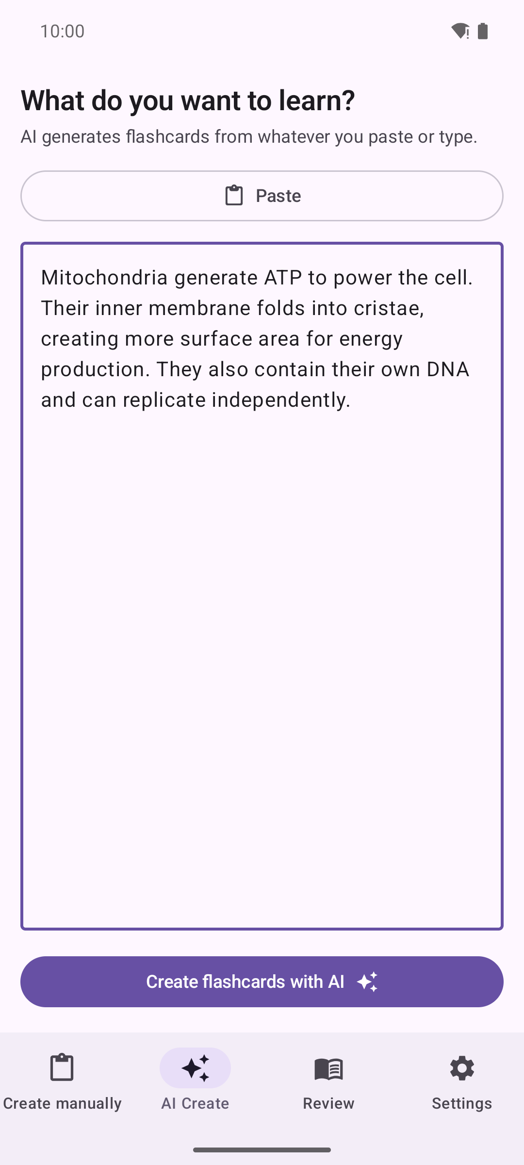 Masterki AI card creator ready to turn pasted text about mitochondria into flashcards