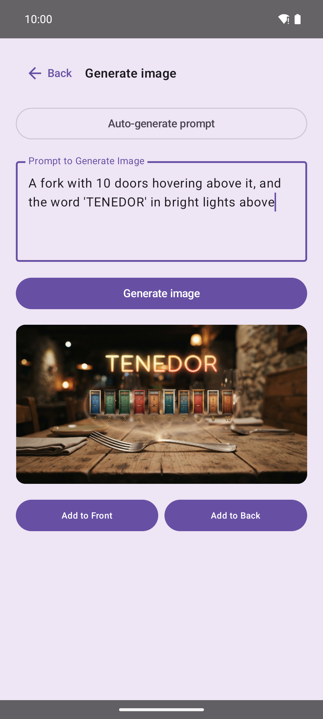 Masterki AI image generator showing a generated Tenedor visual