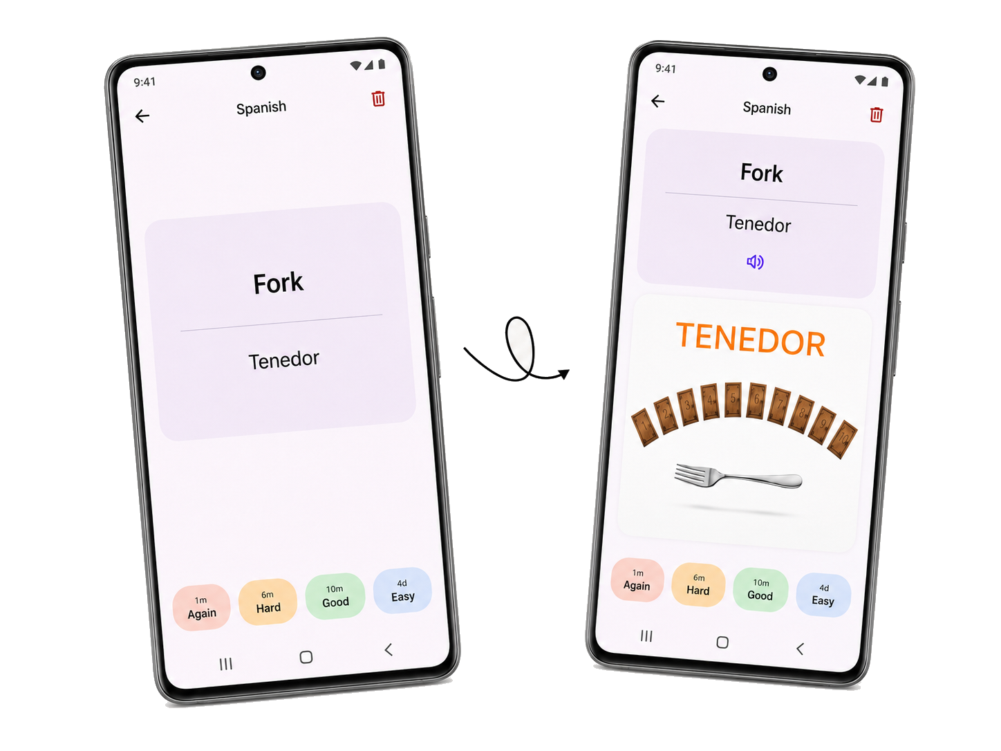 A plain Fork and Tenedor flashcard beside the same card enriched with an image and audio